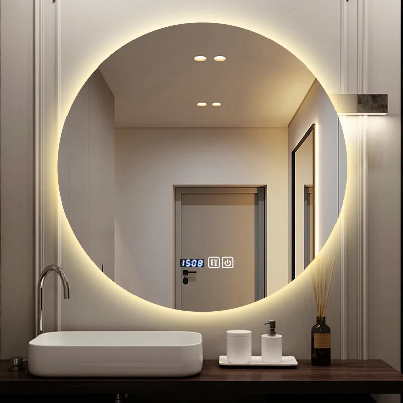 Diameter 50CM Round Smart Bathroom Mirror Washstand Round Mirror Led Light Back Luminous Connection Power Supply High Definition
