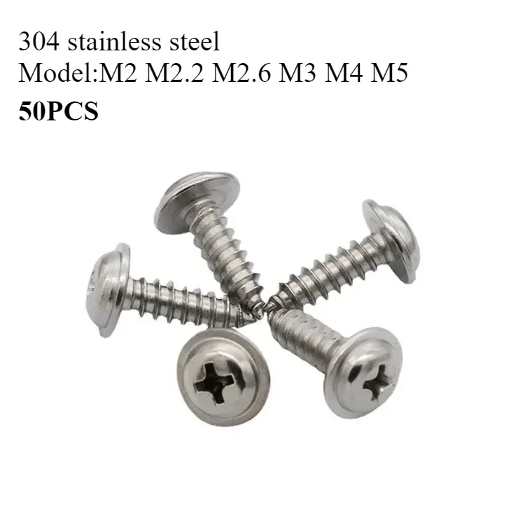 

50pc Autoroscuing M2 M2.2 M2.6 M3 M4 M5 304 Stainless Steel Phillips Cross Pan Round Head with Washer Self-Tapping Screw Btr