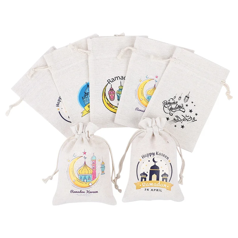 

5Pcs Eid Mubarak Drawstring Storage Bags Cloth Cotton Linen Pouch Ramadan Kareem Candy Biscuit Gift Packing Bags Eid Party Decor