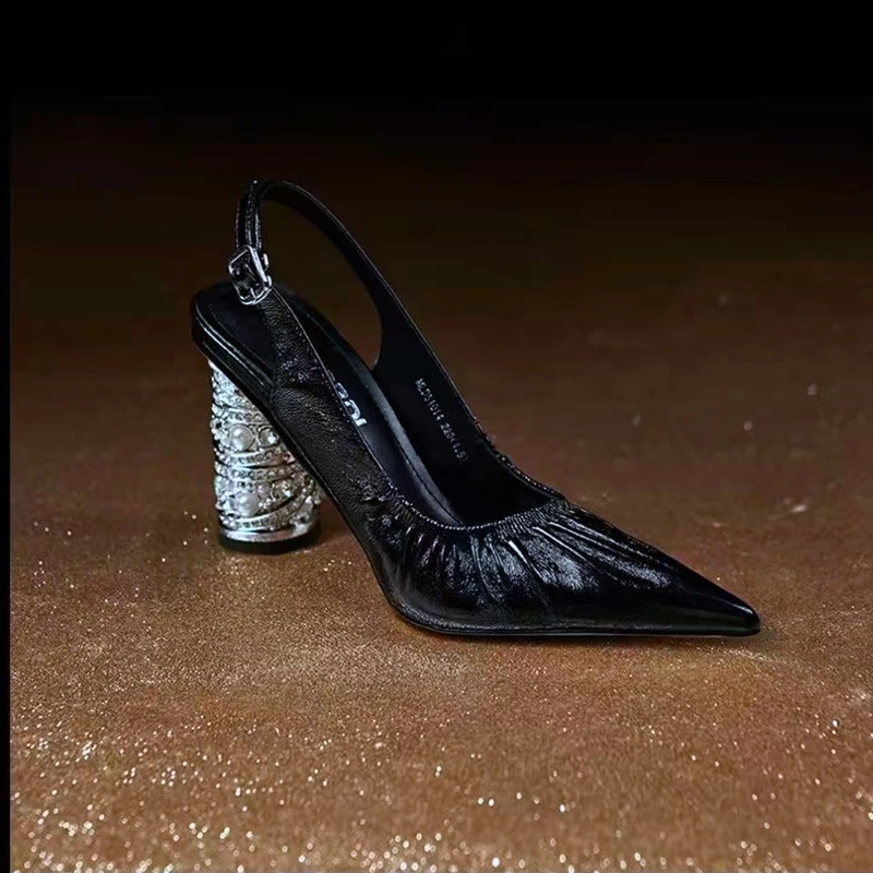 Women's New Summer Genuine Leather Cowhide Pearl Gold-Plated High Heels with Toe Caps, M ü Ller Shoes, Star Style Sandals image 4