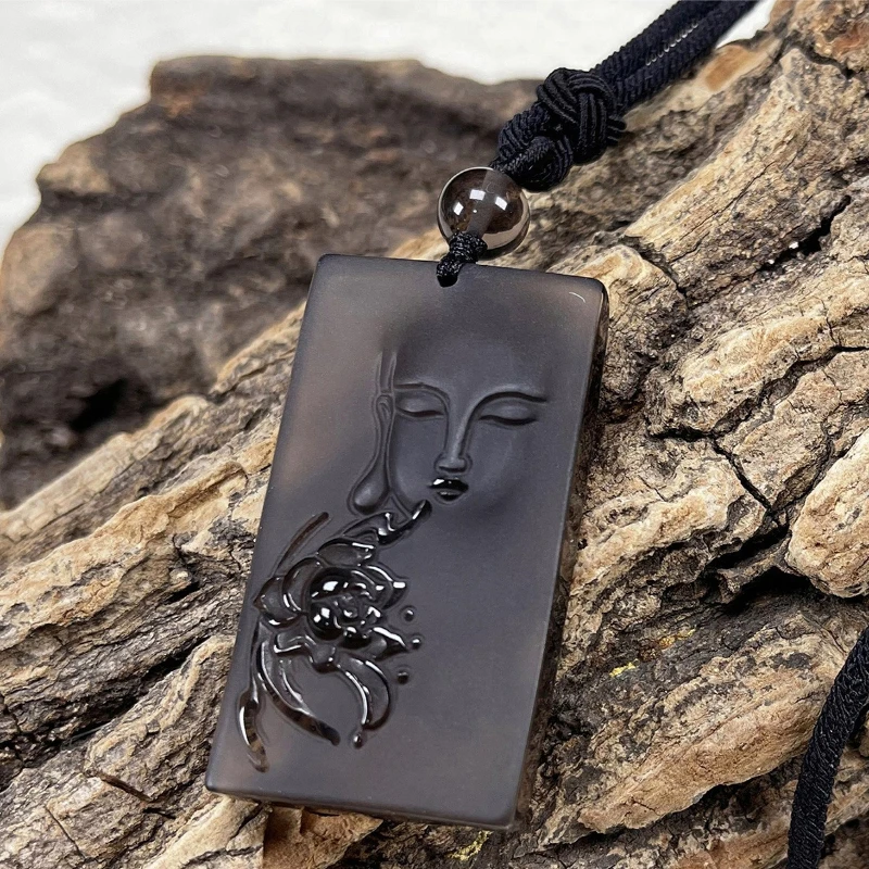 Natural Ice Species Obsidian One Thought Blossom Guanyin Buddha Necklace Unisex Peace Brand Ornament
