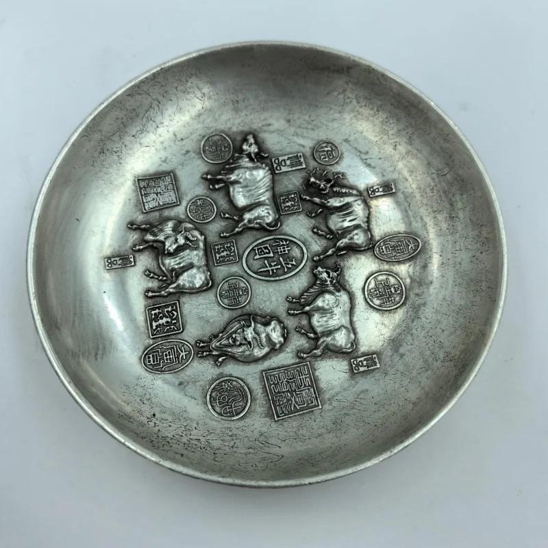 Antique Bronze Collection Retro Distressed Wuniu Picture Large Small Size Plate Dish Jiuzi Real Dragon Crafts
