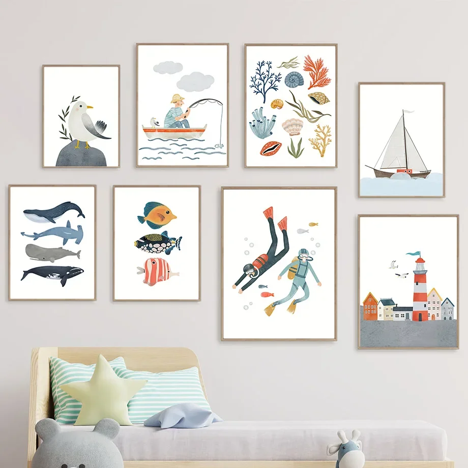 

Cartoon Ocean Animal Seagull Modern Minimalism Posters Nursery Canvas Painting Wall Art Print Picture Baby Kids Room Home Decor