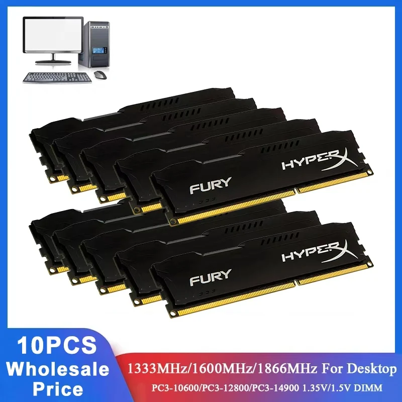10PCS DDR3 DDR3L RAM 8GB 4GB 1600MHz 1333MHz 1866MHz Memória para Desktop Gamer 240 Pinos DIMM 1.35V Módulo de Memória HyperX FURY