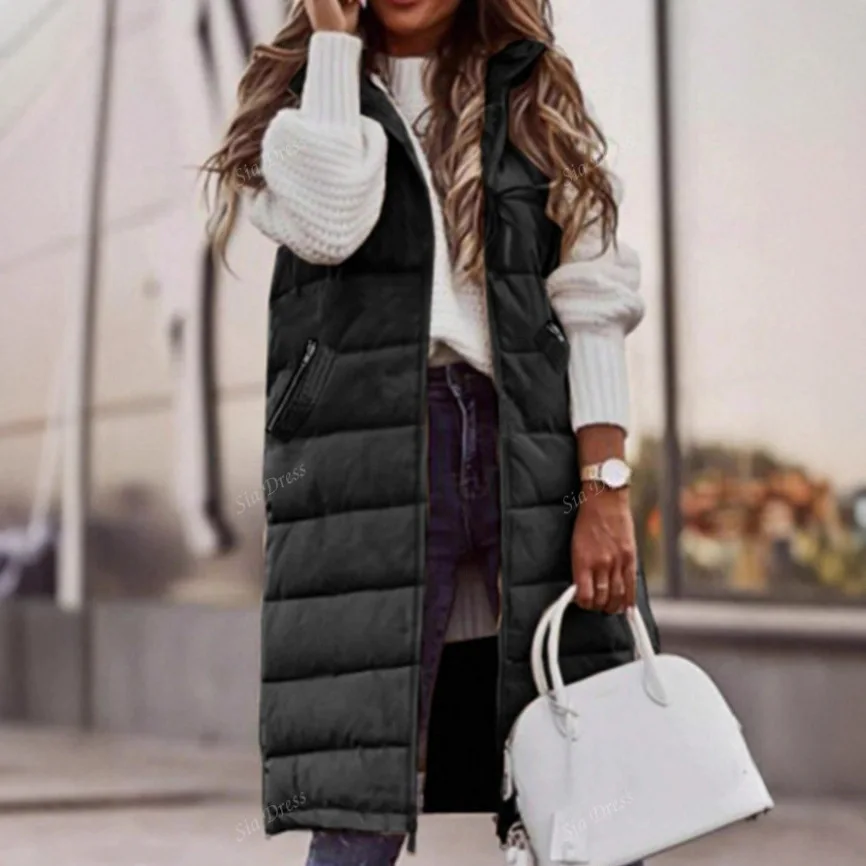 

2025 Autumn Winter New Korean Fashion Women's Cotton Vest Mid-length Hooded Slim Sleeveless Cotton Vest