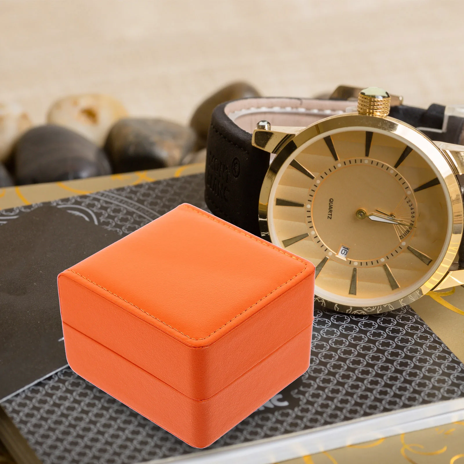

2 Watch Storage Boxes Portable PU Case for Men Wristwatch Display Organizer Travel Jewelry Holder Orange Color