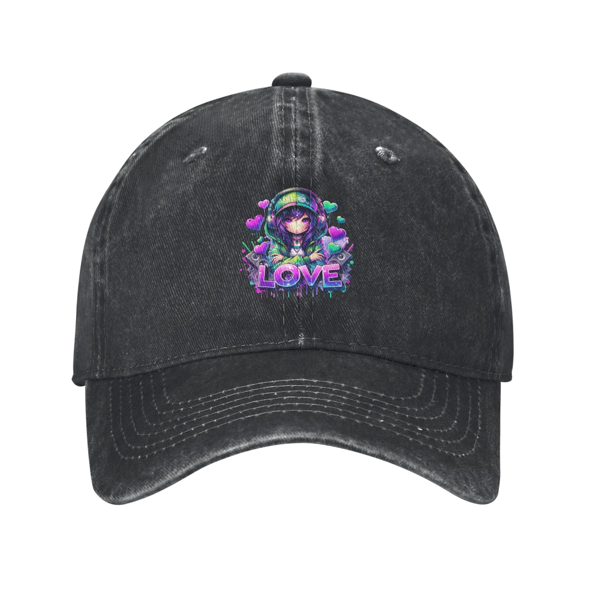 Love Anime Girl Neon DJ Art   Colorful Street Style Illustration Fashion Baseball Cap  Unisex Black Cap  Dog Walking Black Cap