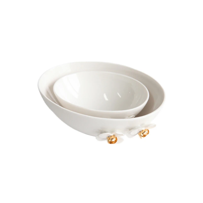 

High Quality Three-dimensional Gold Trimmed Serving Bowls Oval Ceramic Salad Bowls Porcelain Pasta Plates Tableware Set