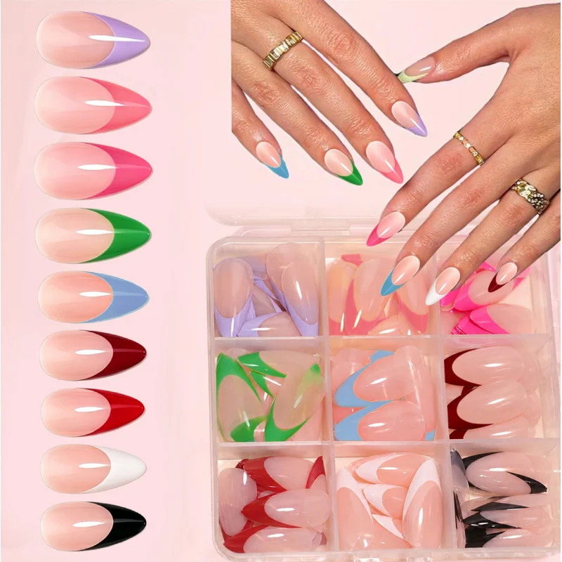 216pcs Medium Almond French Press-On Nails Macaron Color Full-Coverage Fake Nails, Nail Art Accessories for Women Summer Wear