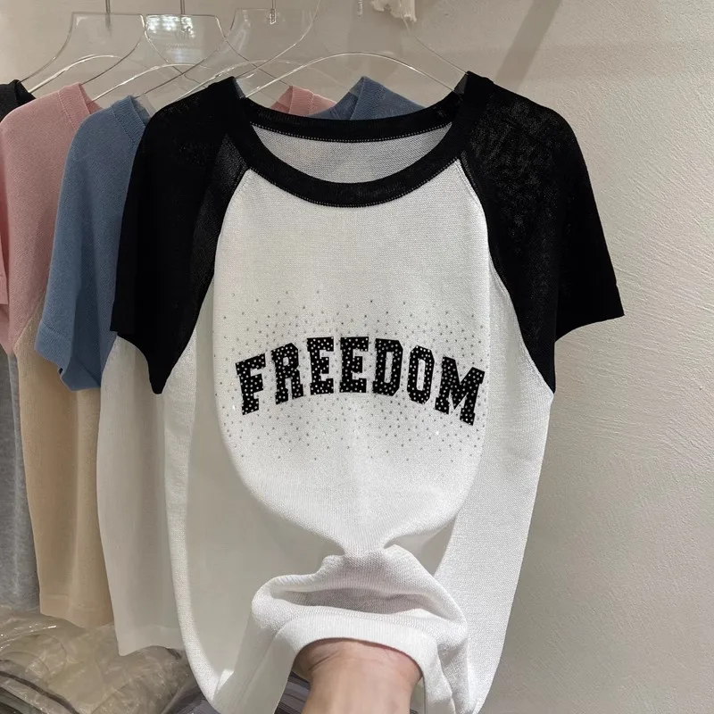 Casual Letter Print Ice Silk Tshirts New Short Sleeve Thin Knit Camisetas Women Casual Summer T Shirt  Rhinestone Knitwear Tops