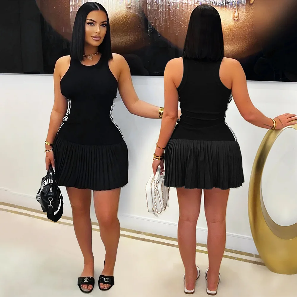 Irmã estrela moda casual sexy sem mangas em torno do pescoço saia plissada vestido curto atacado temperamento commuter vestidos esportivos