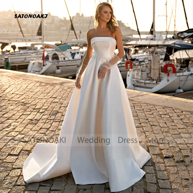 

Customized Elegant Simple Sweetheart Satin Wedding Dress for Women with Pearls Bow Backless A-Line Bride Gown Vestidos De Novia