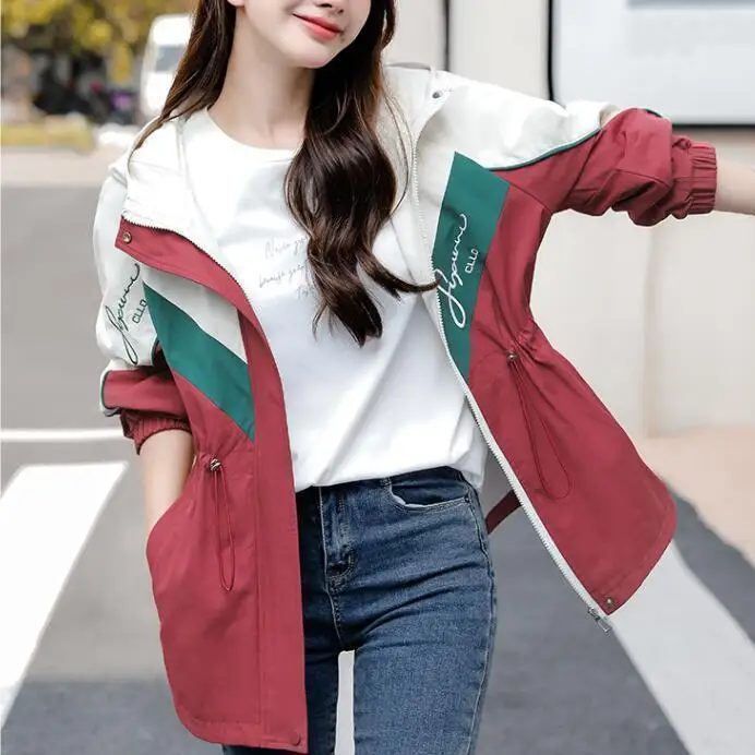 Contrast Color Splicing Mid-length Hooded Windbreaker Women Spring and Autumn New Casual Loose and Versatile Sportswear Jacket