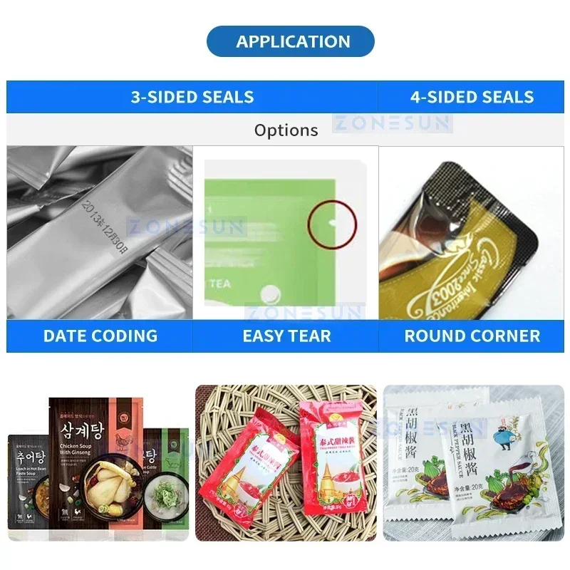ZONESUN Automatische Beutel-Mockup-Verpackungsmaschine VFFS Bagger Sauce Beutelbeutel Paste Füll- und Verschließausrüstung ZS-LX120