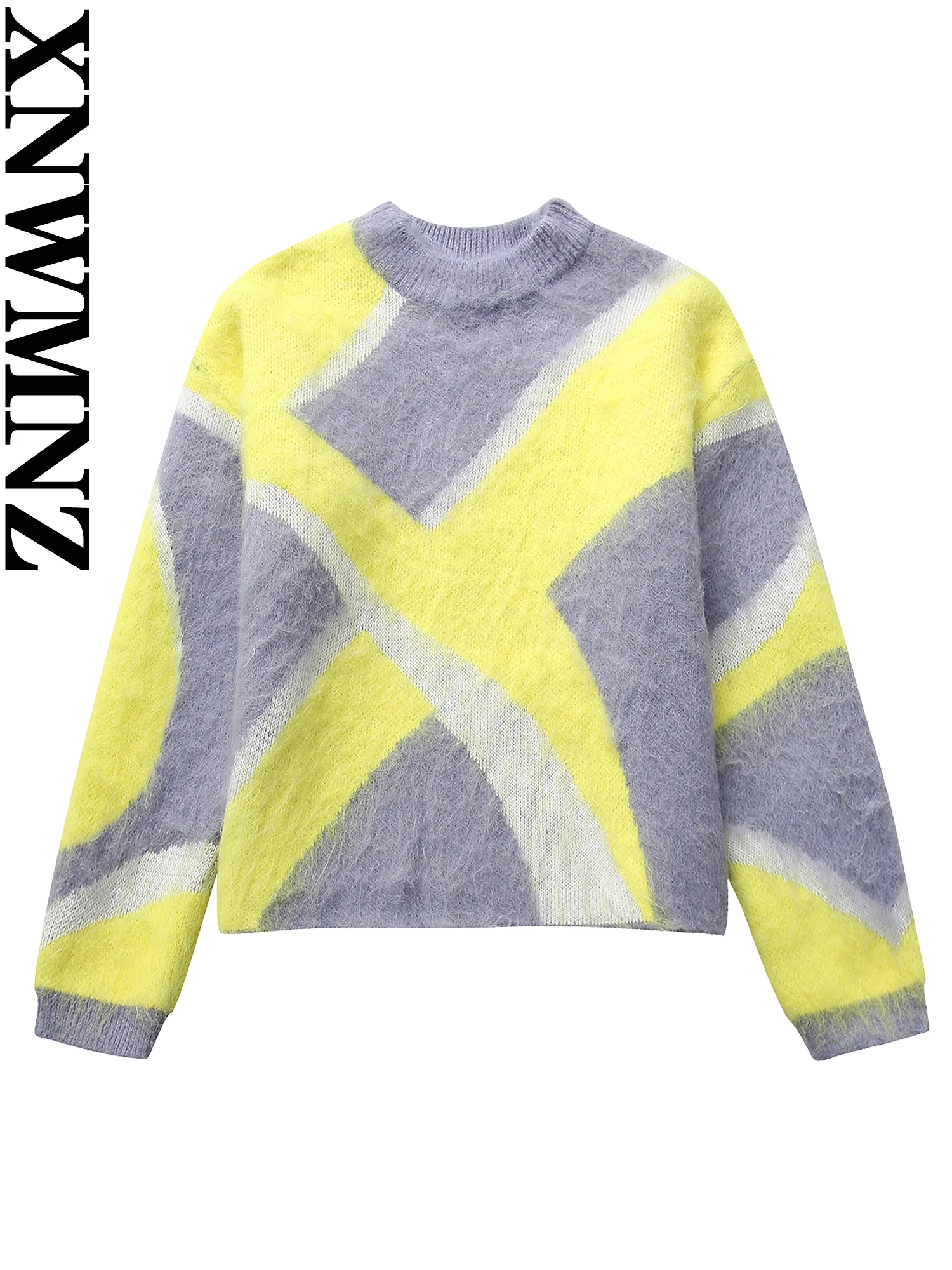 

XNWMNZ Women's Fashion 2023 Autumn/Winter Brushed Finish Patchwork Knitted Sweater Women O Neck Long Sleeve Female Pullover