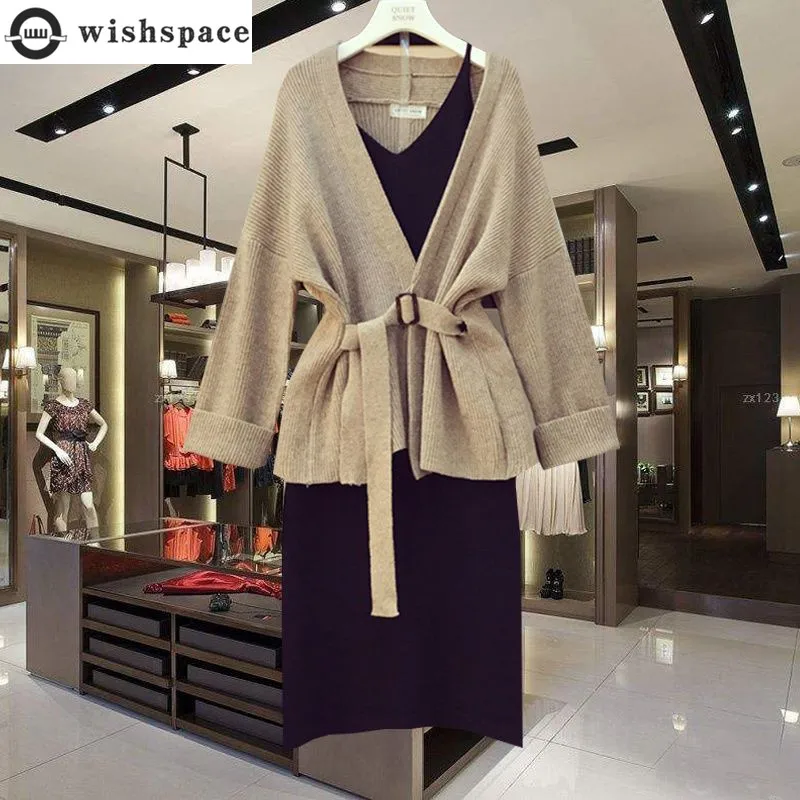 

Women's Knitting Cardigan Suit Autumn and Winter 2022 New Loose Bandaged Sweater Cardigan Sling Dress Two-piece Set