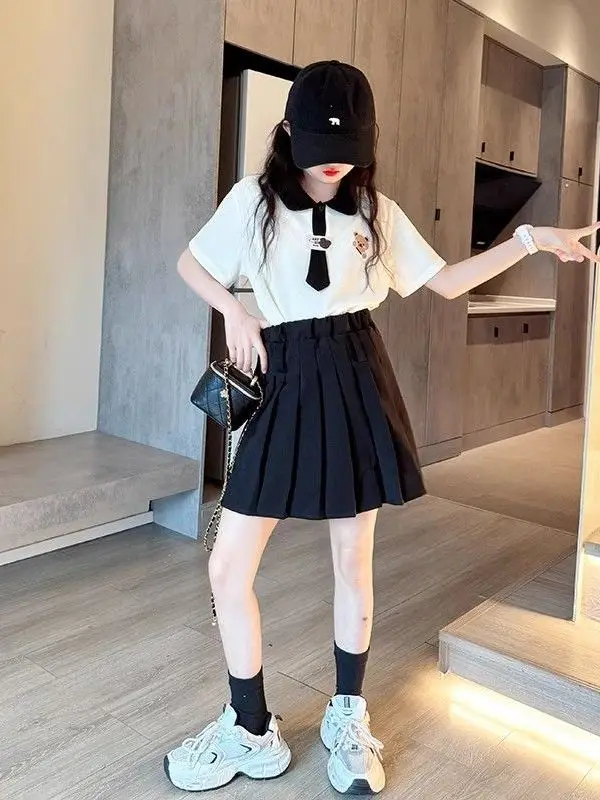 女の子の夏服ドレスポロシャツスカートセット子供用プレッピースタイルプリーツスカート通気性快適な服セット