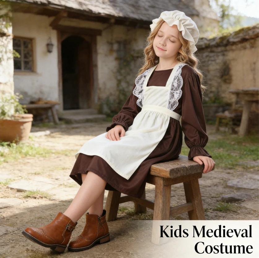 Kids Medieval Peasant Costume European Colonial Poor Outfit Old Lady Cosplay Dress For Party Performance