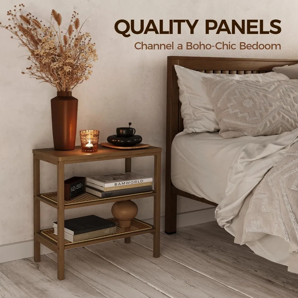 طاولة جانبية من الروطان، طاولة نهاية حديثة لمنتصف القرن، 3 طبقات مع تخزين، طاولة قهوة ضيقة، حامل ليلي بوهو من الخيزران