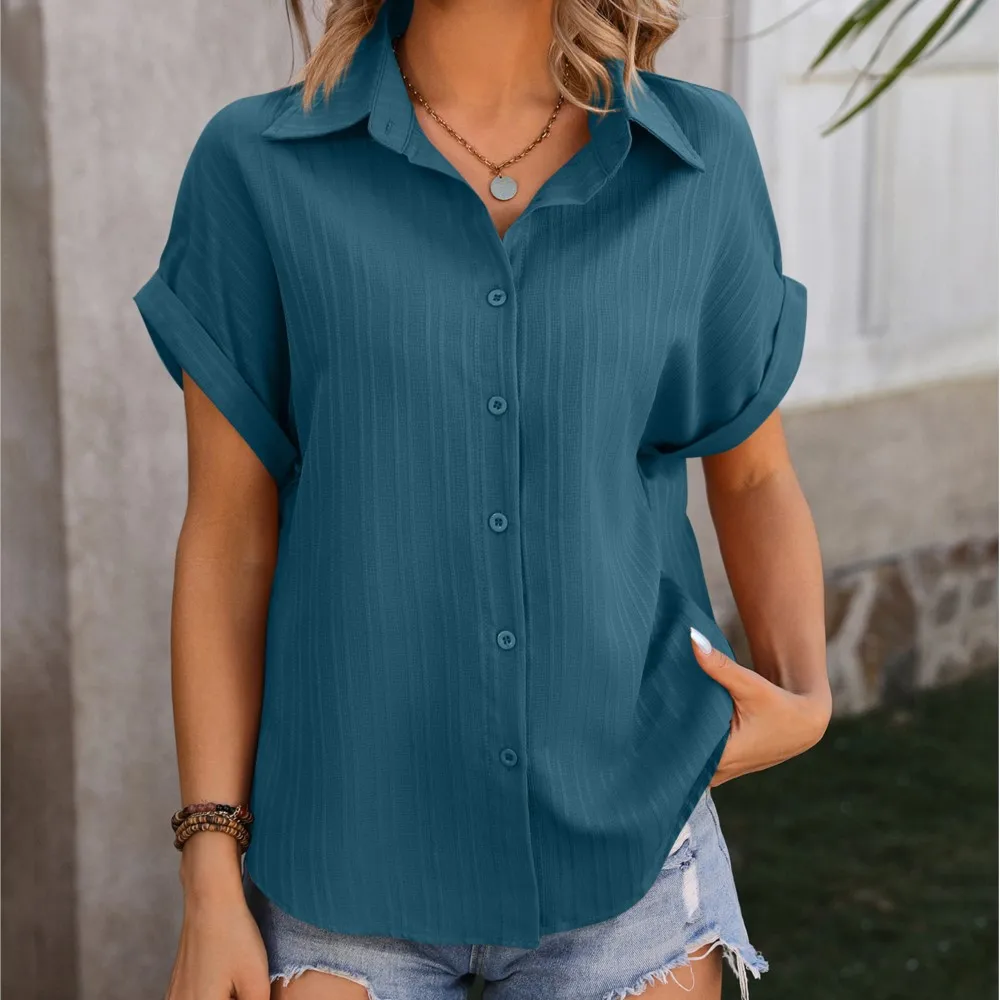 Elegant Women's Solid Color Lapel Shirt 2024 Summer New Women's Loose Shoulder Short Sleeved Casual Blouse Chemise Longues Femme