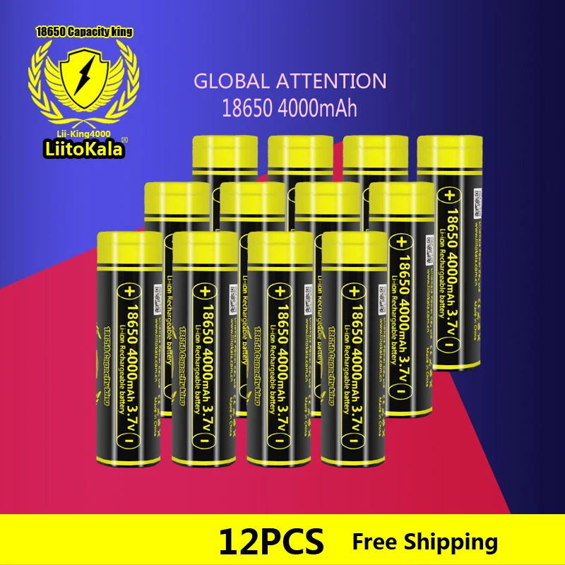 12PCS LiitoKala 18650 4000mah 3.7V High discharge 18650 Battery 12A Rechargeable High Drain Battery or Box Mod flashlight