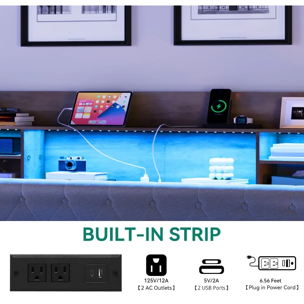 LED King Size Floating Bed Frame, Upholstered Platform, Headboard Storage and Charging Station, No Box Spring Needed