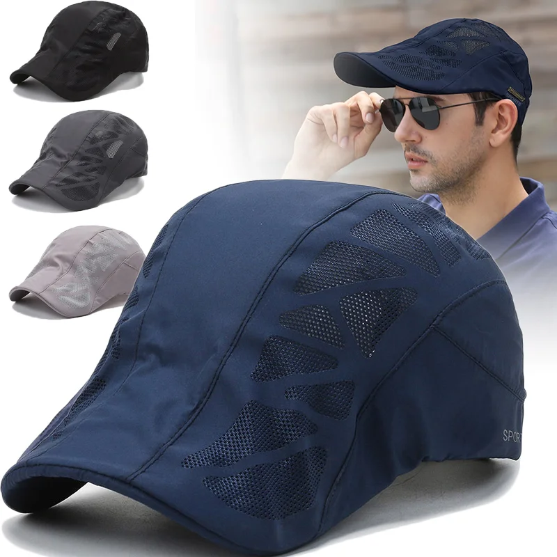 Summer Mens Sports Sun Hats Breathable Mesh Quick-drying Visor Caps Outdoor Gorro Hombre Boina Golf Hat Fashion Solid Flat Cap