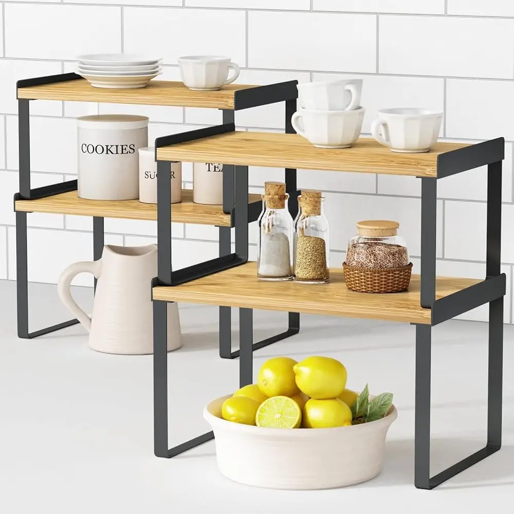 

Kitchen Cabinet Organizer Shelves Set Of 4, Expandable Counter Shelf Ra For Plate Dish Cup Mug Spice, Stackable Shelf Riser For