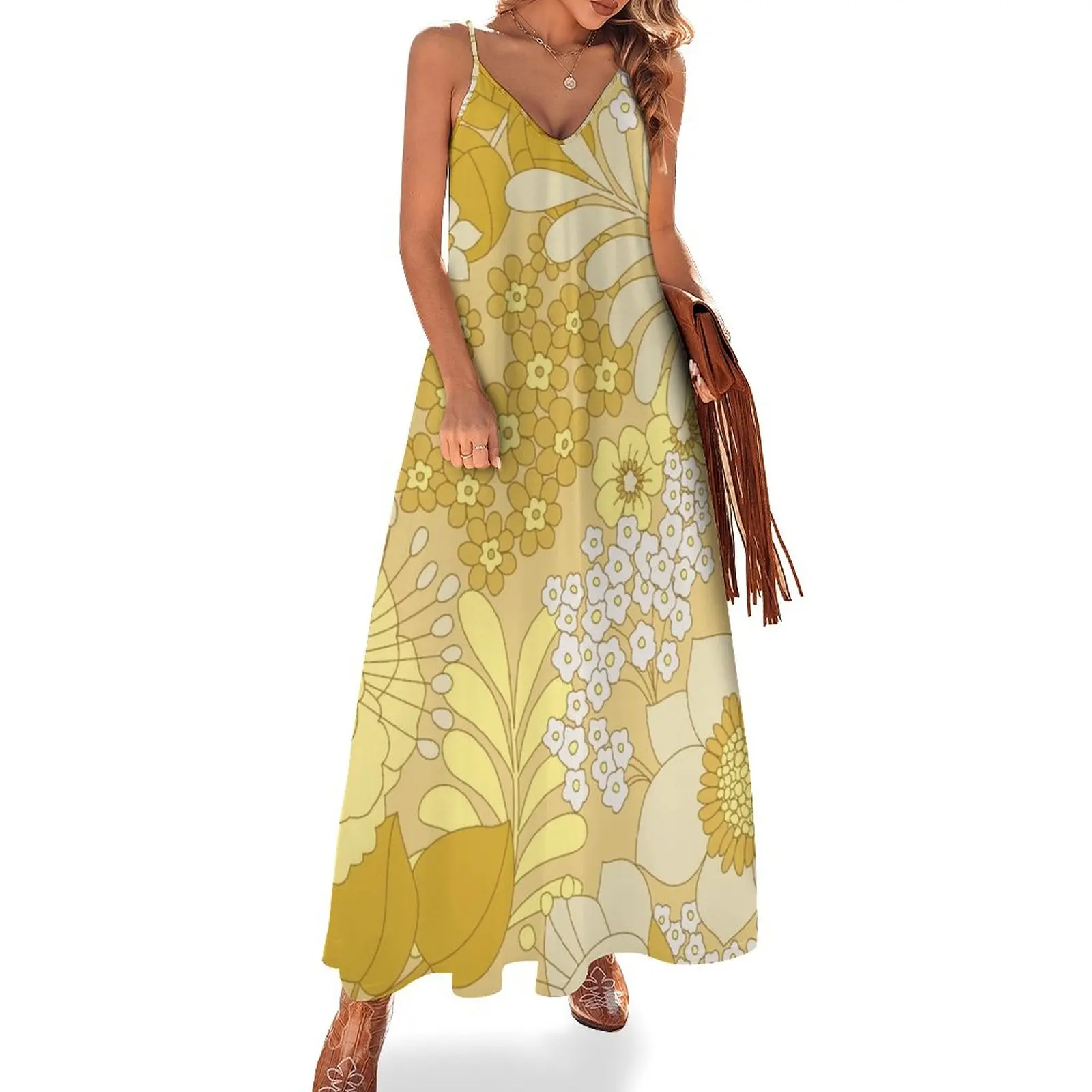 

Yellow, Ivory & Brown Retro Floral Pattern Sleeveless Dress birthday dress for women luxury 2023 long sleeve dress