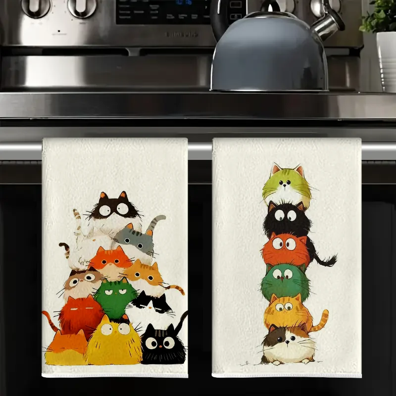 2Pcs, Cute Colorful Stacked Cat Kitchen Towels, 40Cm*60Cm Towel Set, Super Absorbent Soft Cleaning Cloth, Cooking and Baking Tea Towel, Hand Towel, Cleaning Cloth, Dishcloth, Kitchen Decoration, Living Room Decoration, Kitchen Essentials, Home Essentials