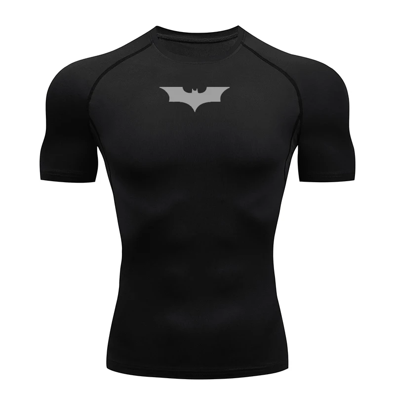 T-shirt de compression moulant pour homme à imprimé chauve-souris, à manches courtes, pour la course, la gym, le fitness et le jogging, haut décontracté