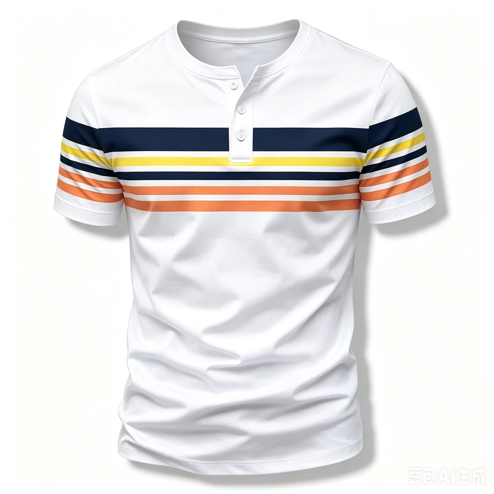 Fashion Henry Collar Short Sleeve Tees Casual Simple Men's Henry T shirt Funny Stripes Print Button Tops Summer Street Clothing view 2