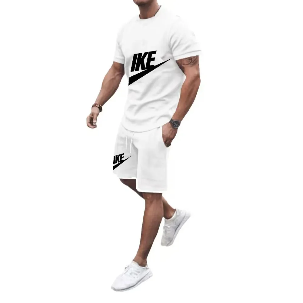 新しいメンズフィットネスファッションセットメンズカジュアルスポーツウェアセット速乾性スポーツウェア半袖Tシャツ+ショーツ2点セット