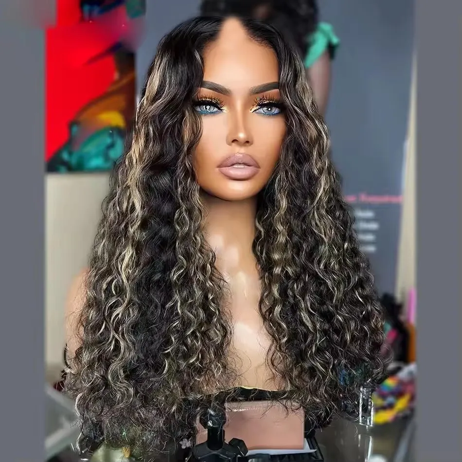 

Loose Curly Bayalag Ash Blonde Highlight Brown V Part 100% Remy HumanHair Cheap Machine Made Glueless U Shape Wig for Women 200%