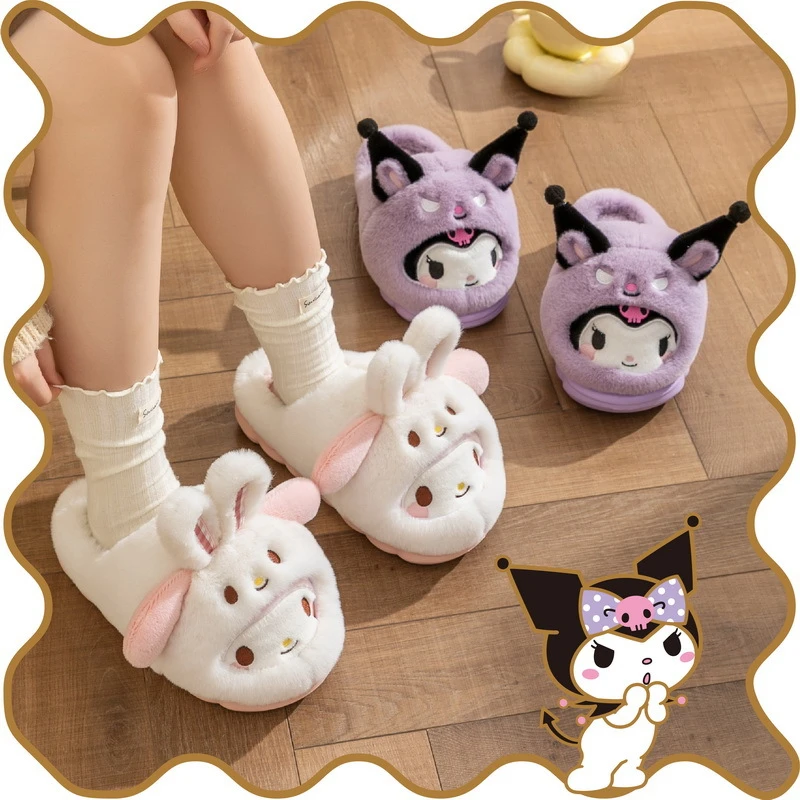 Kawaii My Melody Women Girls Plush Thieken Slippers Sanrio Anime Cute Pochacco Kuromi Cinnamoroll Pochacco Winter Indoor Shoes