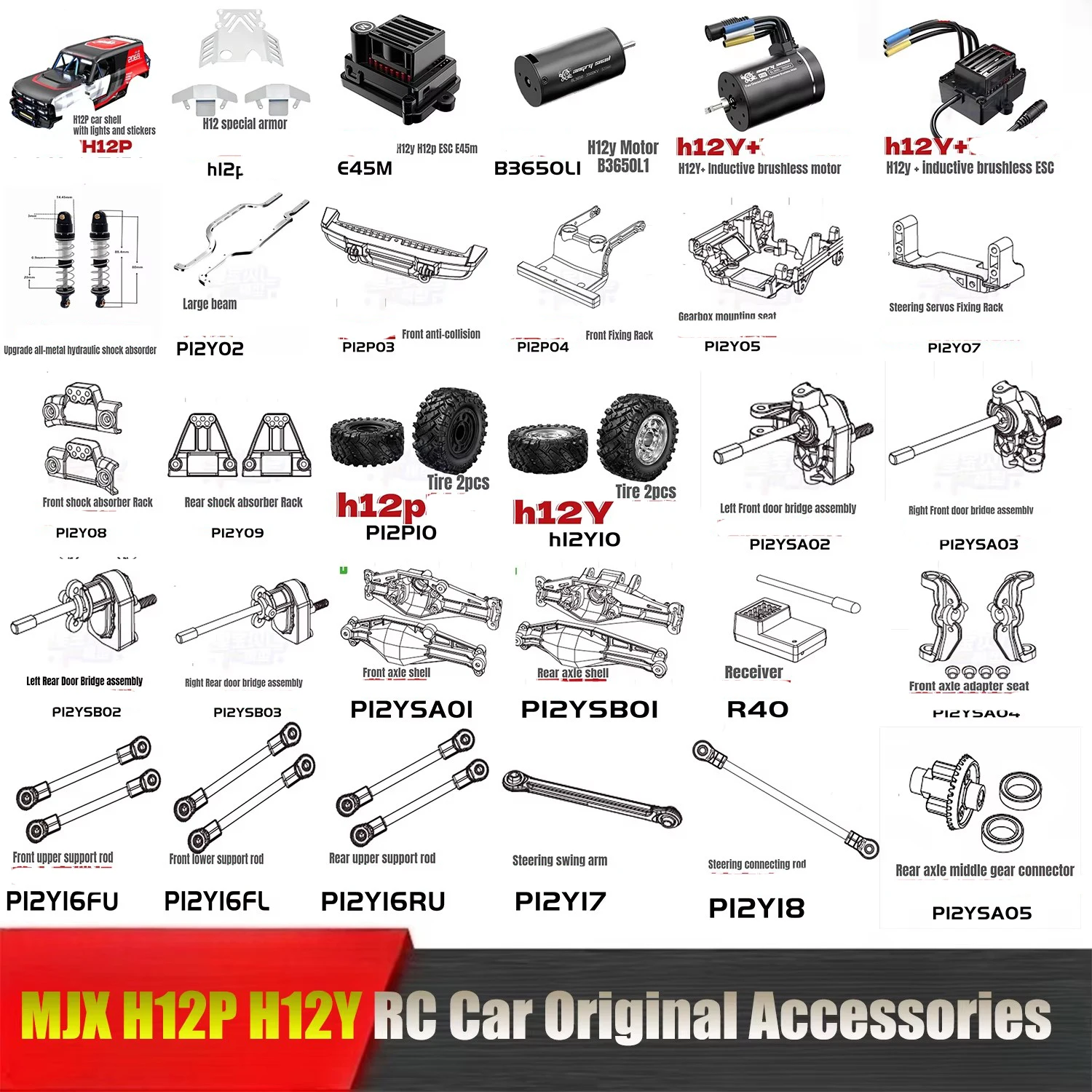 MJX H12P H12Y RC Auto Original Zubehör Zahnrad Motor ESC Lenkgetriebe Spurstange Auto Shell Reifen Unterstützung Stange Empfänger Rüstung