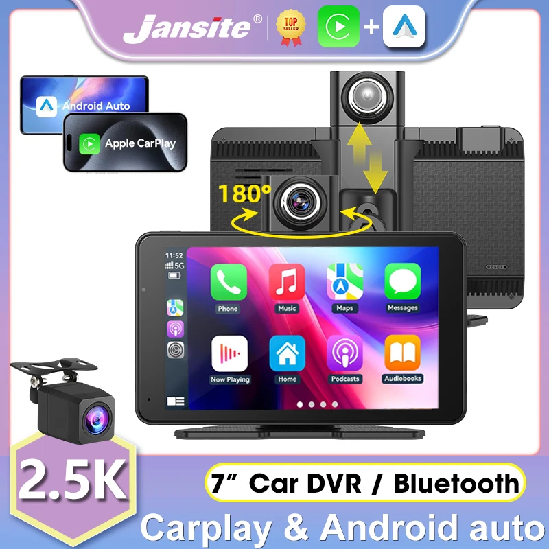 

Jansite 7" 2.5K Car DVR Dashcam Mirror Video Player Wireless Carplay Android Auto Dual Lens Adjustable Front Rear Cam Dashboard