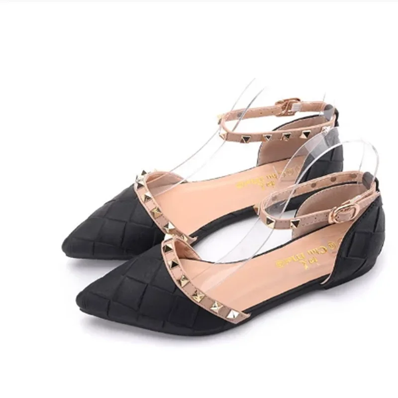 Woman Rivets Buckle Strap Flats Pointy Toe Gingham Office Shoes Elegant Tacon Zapatos Camouflage Wide Fitting 48-33 Black Grey