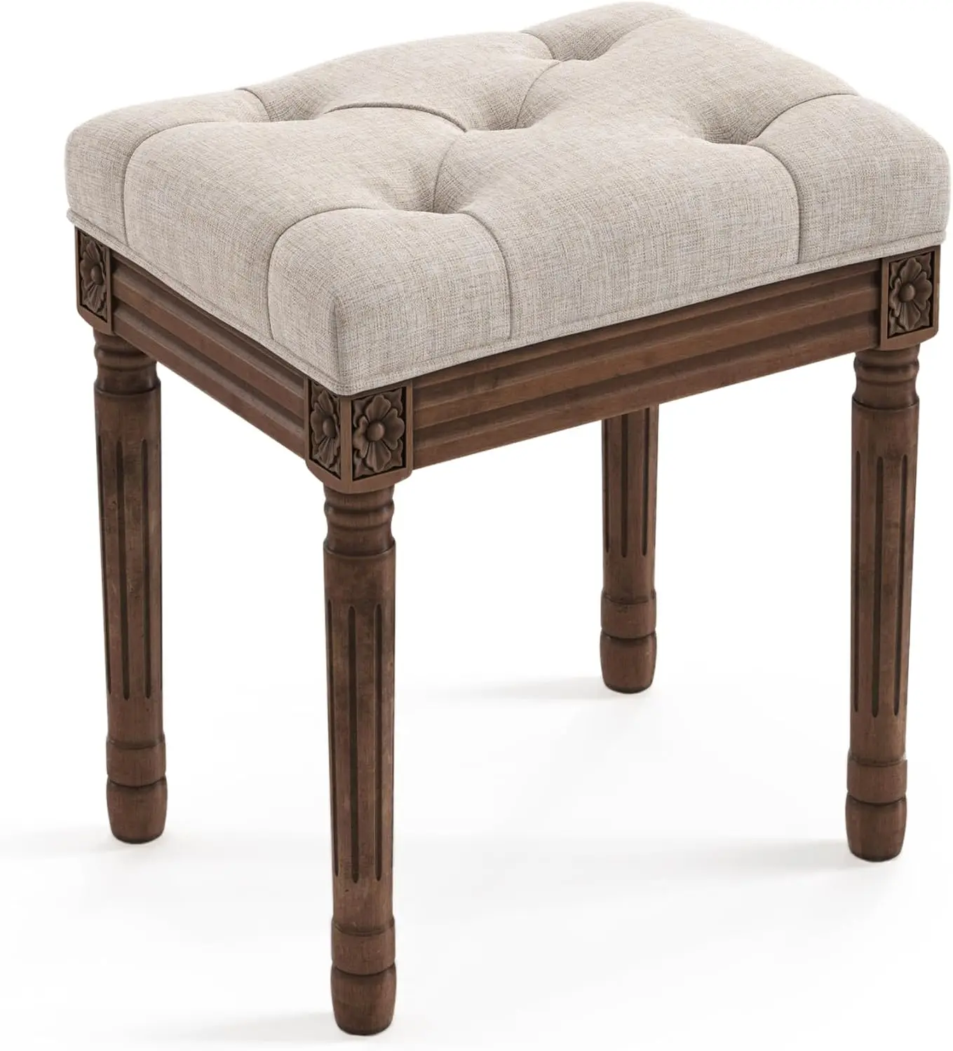 

BONA Upholstered Fabric Vanity Bench Seat, Makeup Stools for Vanity, Square Tufted Ottoman Bench with Carved Dark Brown Legs for