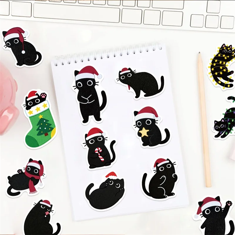 10/30/50PCS Kawaii Kerst Zwarte Kat PVC Sticky Sticker Esthetische DIY kinderen Decoratie Scrapbooking schoolbenodigdheden
