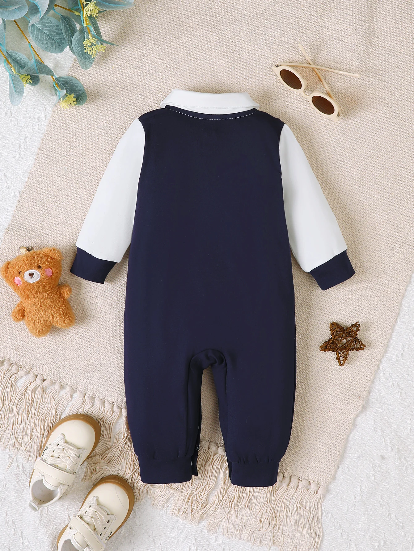 0-18 Months Baby Boy Clothes Formal Jumpsuit Fake 2Pcs Shirt Romper Bear+Red Bow Tie Autumn Infant Gentleman Clothing Outfit Set