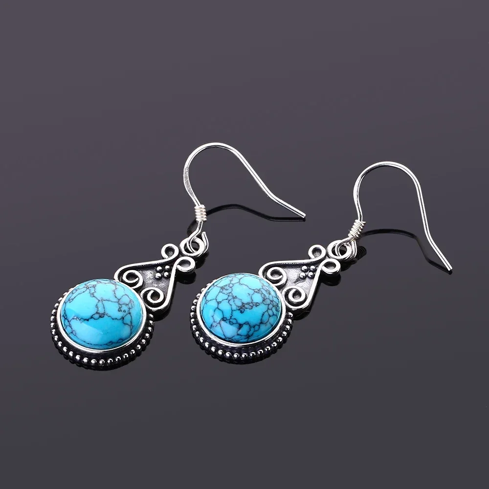S925 Silver Drop Earring 10MM Round Turquoise Pendant Earrings Vintage Style Engagement Wedding Women Earrings 2