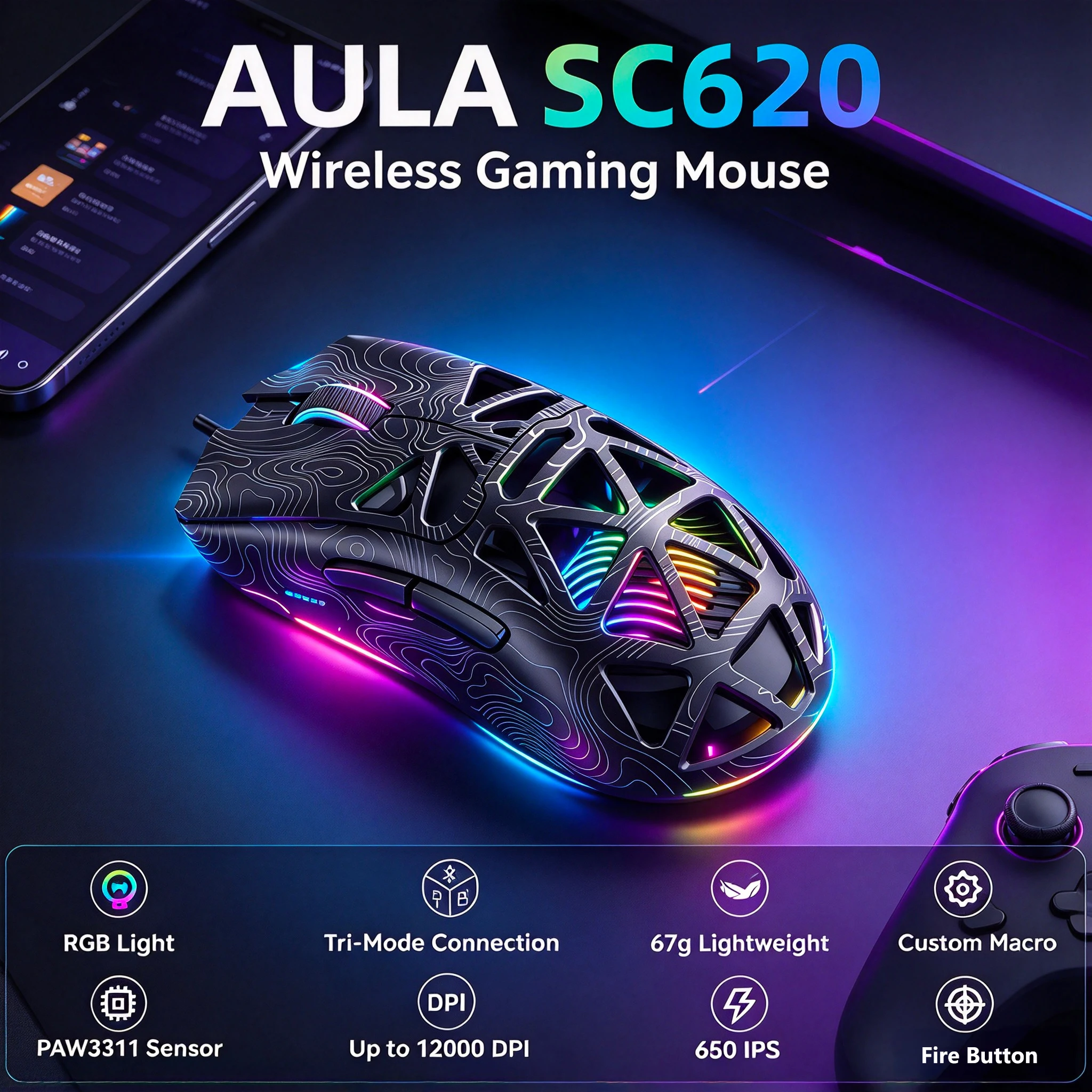 AULA SC620 Wireless Gaming Mouse Tri-Mode PAW3311 Light Weight  Adjustable 12000 DPI Hollowed-out Mouse for PC E-Sports Gamer