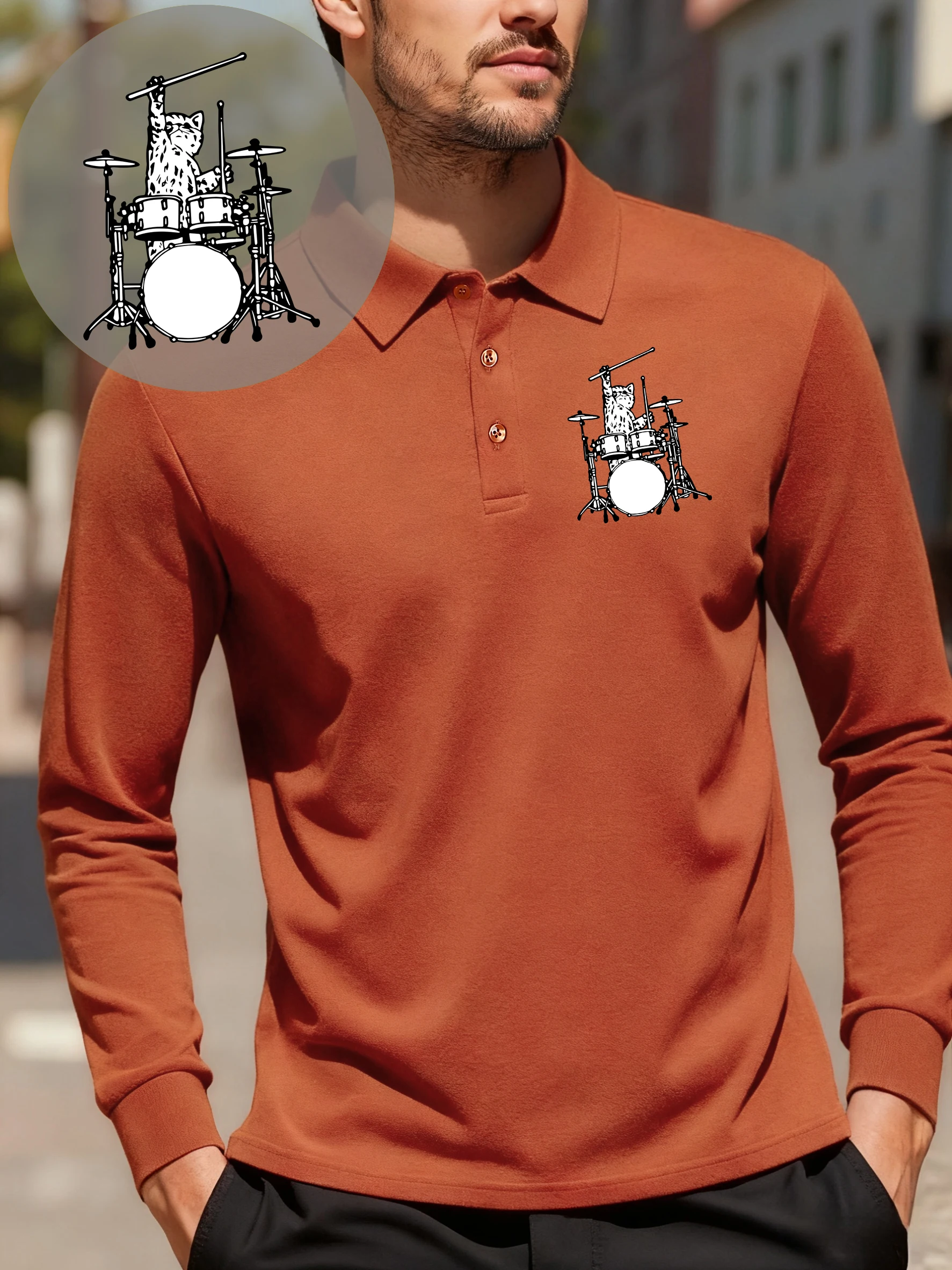 طبل الموسيقى القط الطباعة قمصان بولو رجالي كل مباراة ملابس الأعمال الصوف التلبيب تي شيرت الخريف الهيب هوب للجنسين ملابس رياضية #3
