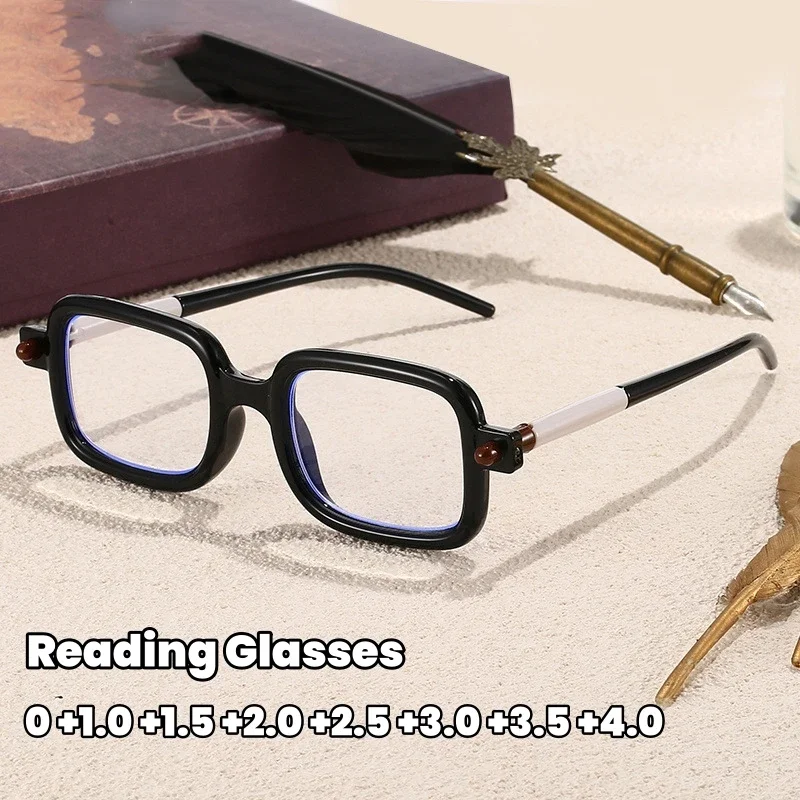 패션 두꺼운 프레임 블루라이트 차단 노안 안경 작은 프레임 사각형 밝은 검정 독서 안경 초경량 안경