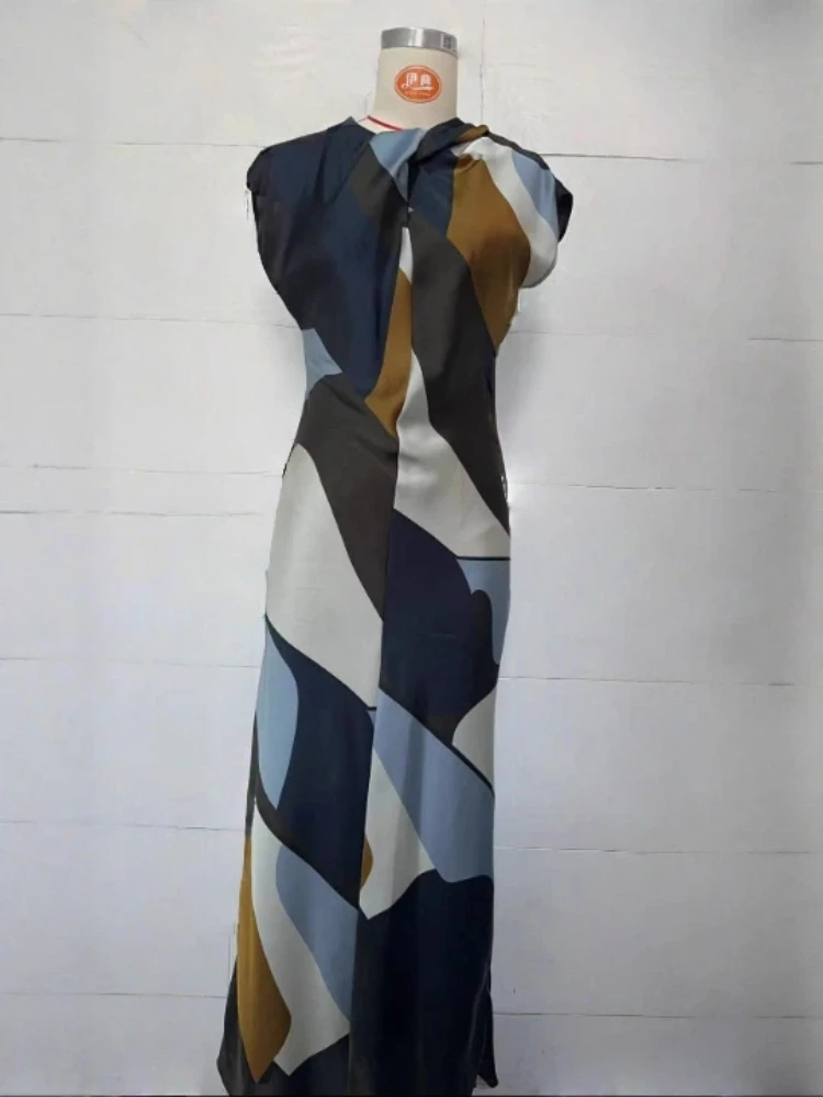 2025 verão impressão geométrica vestido de cetim feminino elegante com decote em v midi vestido de luxo seda toque vestido formal escritório festa robe