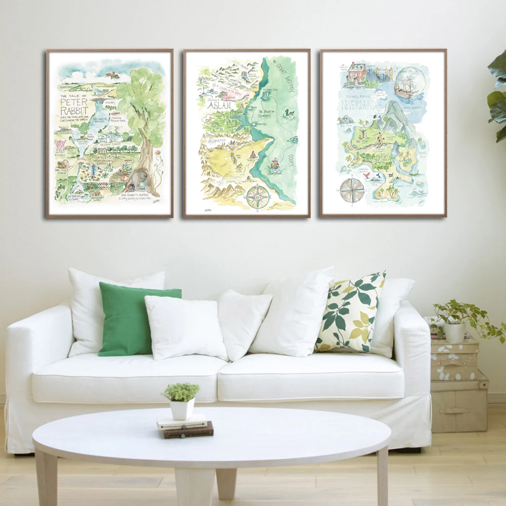 

Peter Pan's Neverland Middle Earth Watercolor Map Art Painting Canvas Poster Print Living Room Home Wall Decor Pictures Cuadros