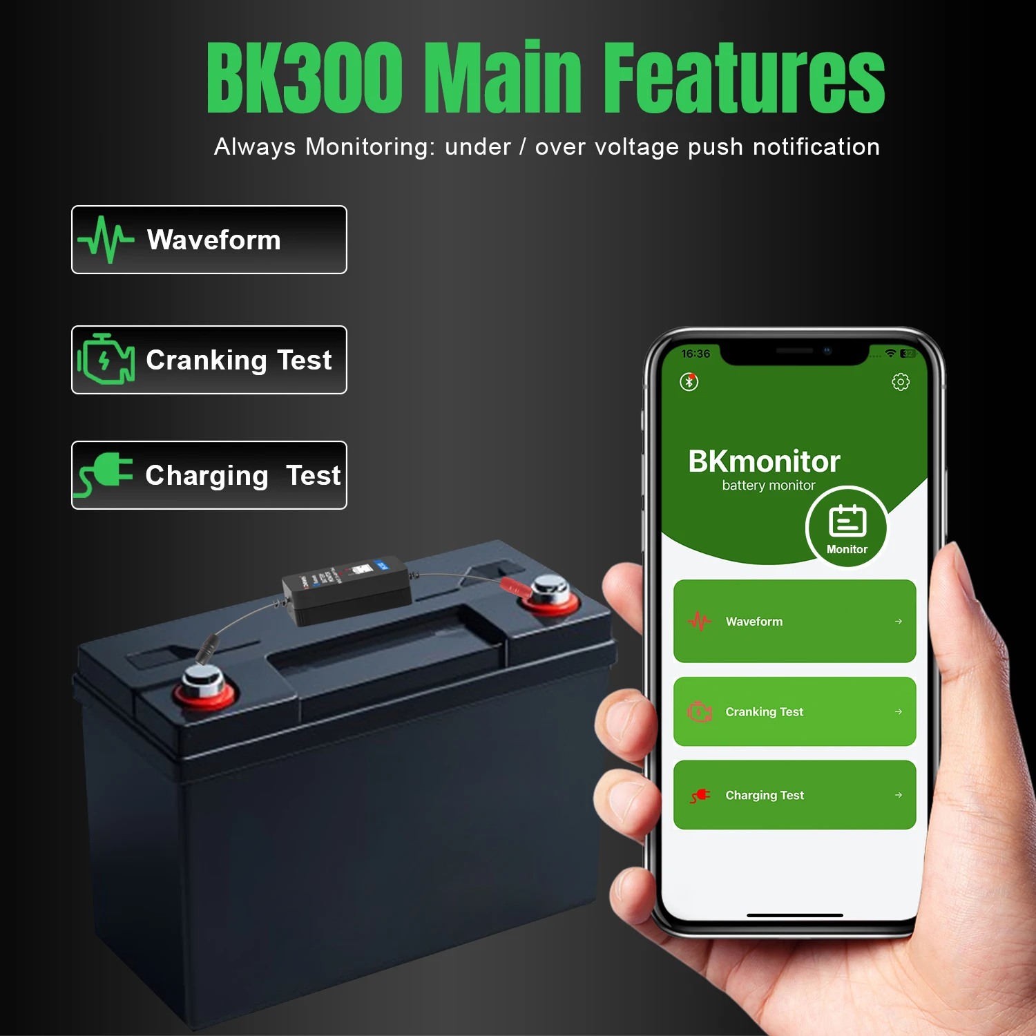 KONNWEI BK300 Bluetooth Battery Monitor 12V 24V Waveform Battery Tester Charging Cranking Test Tool For Ios Android