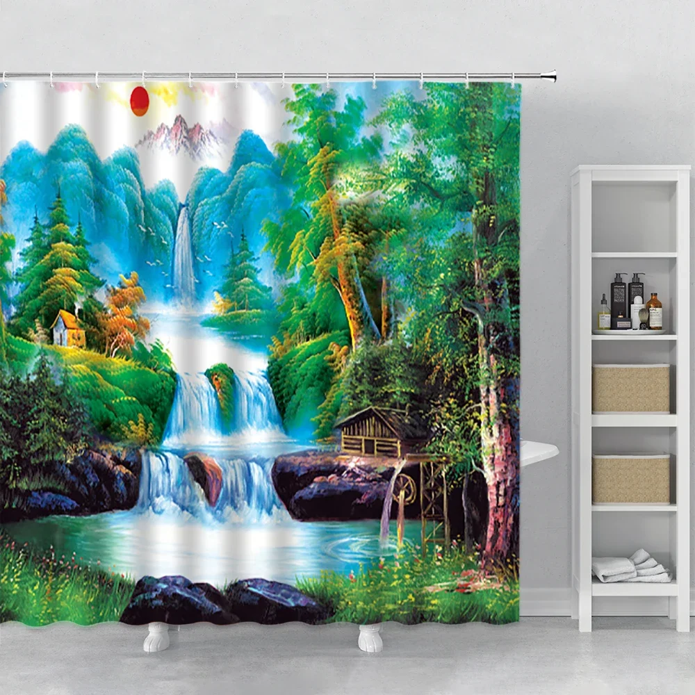 Landscape Shower Curtain Green Forest Fall Cliff Natural Scenery Bathroom Waterproof Bath Curtain Set Home Decor Wall Covering