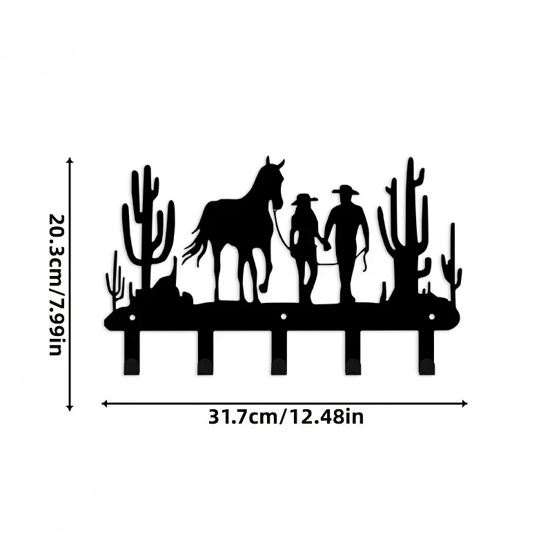 Western Cowboy Silhouette Wall Hook - Metal Wall-Mounted Coat Hanger with Cowboy on Horseback, Cacti & Sunset Design